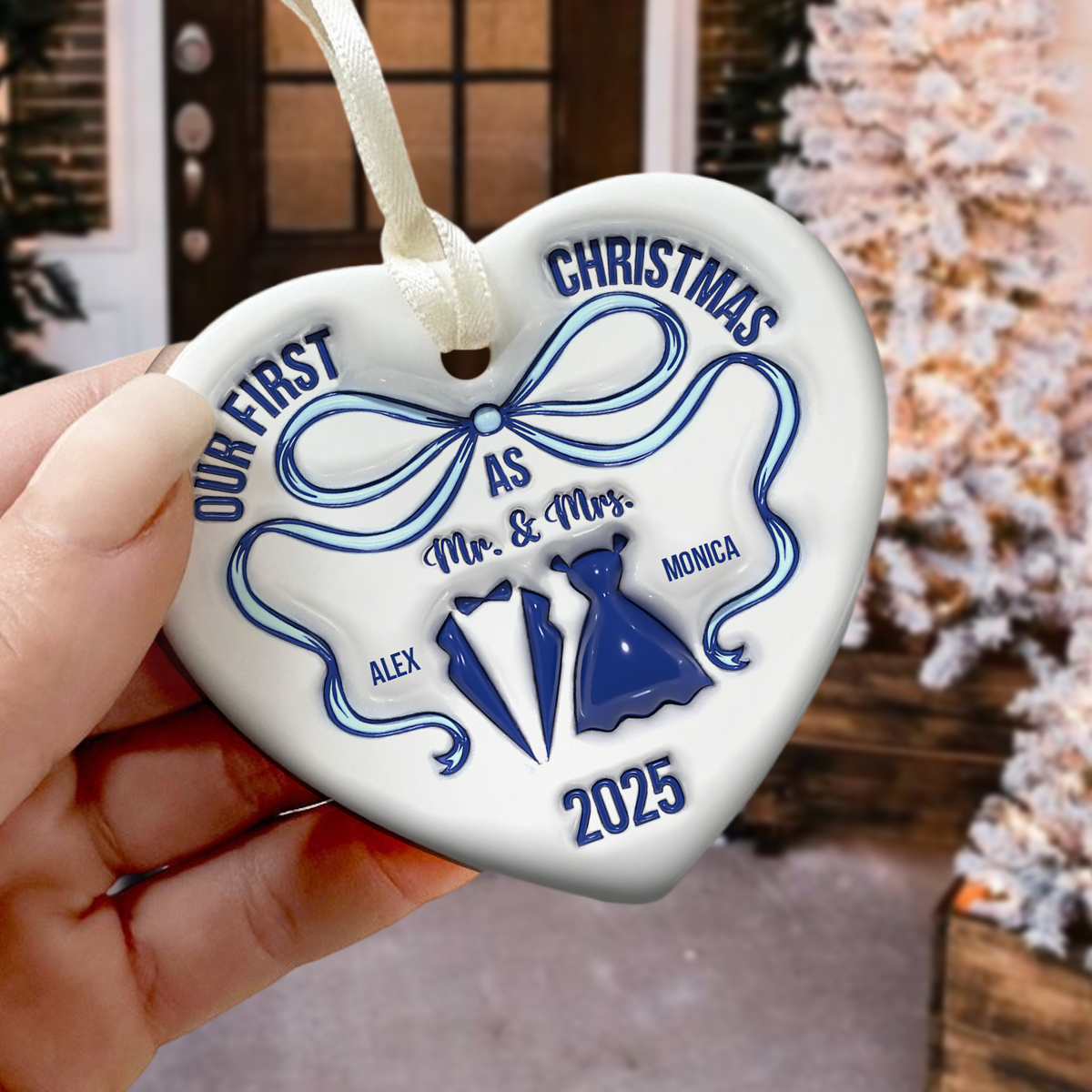 Mr And Mrs Blue - Personalized 3D Inflated Effect Heart Shaped Ceramic Ornament LM32 895379
