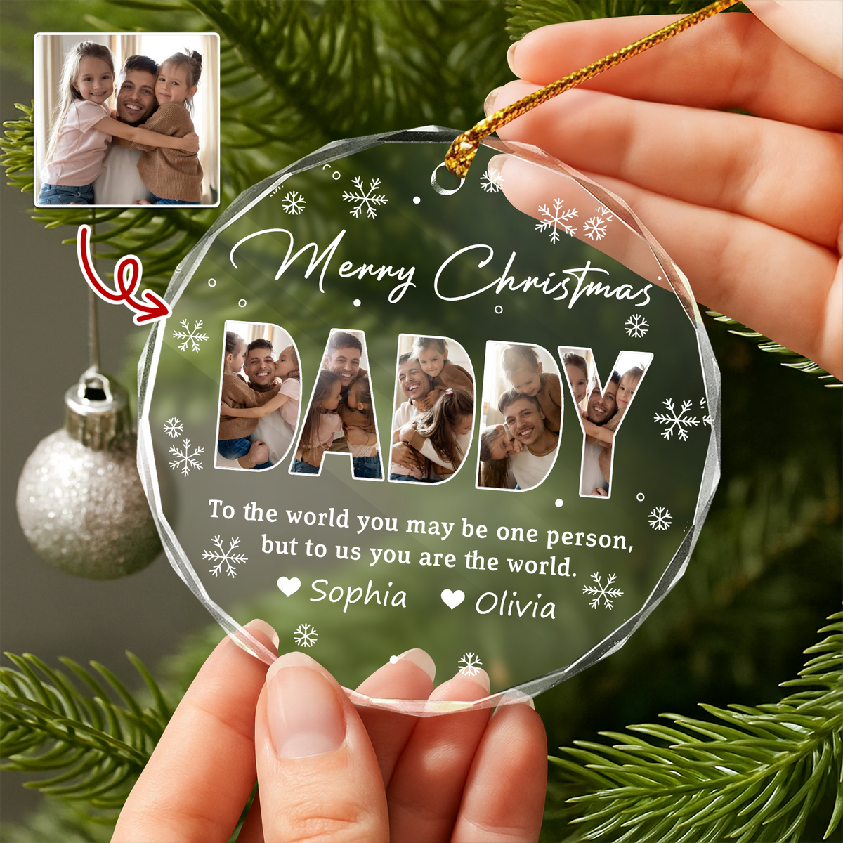 Custom Photo Merry Christmas Dad To Me You Are The World Family Glass Circle Ornament HO82 894708