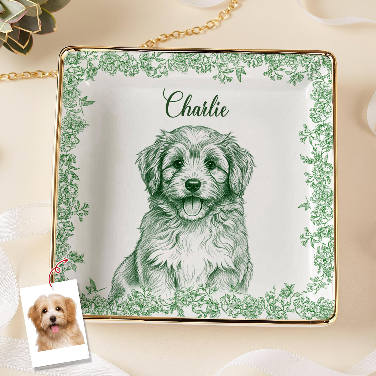 Custom Photo Dog Cat Toile De Jouy Style Jewelry Dish HA75 898320
