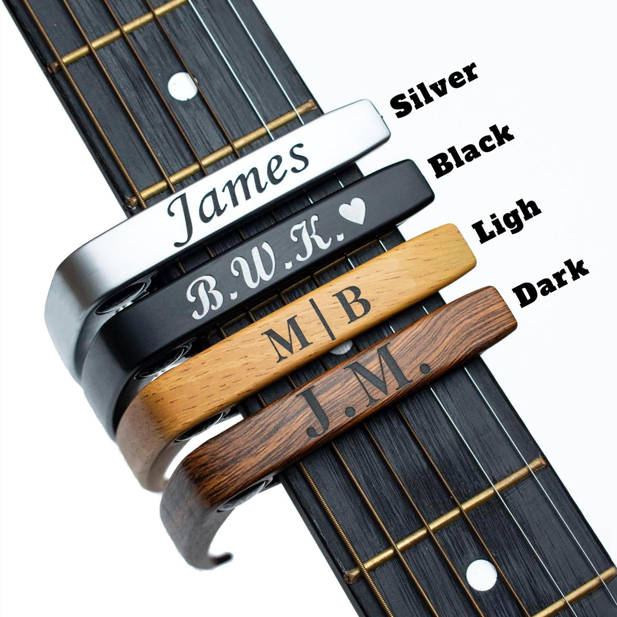 Personalized Metal Guitar Capo with Wood Grain, Custom Message, Engraved Guitar Pick, Birthday Gift, Fathers days Gift for Guitarists LM32 897585