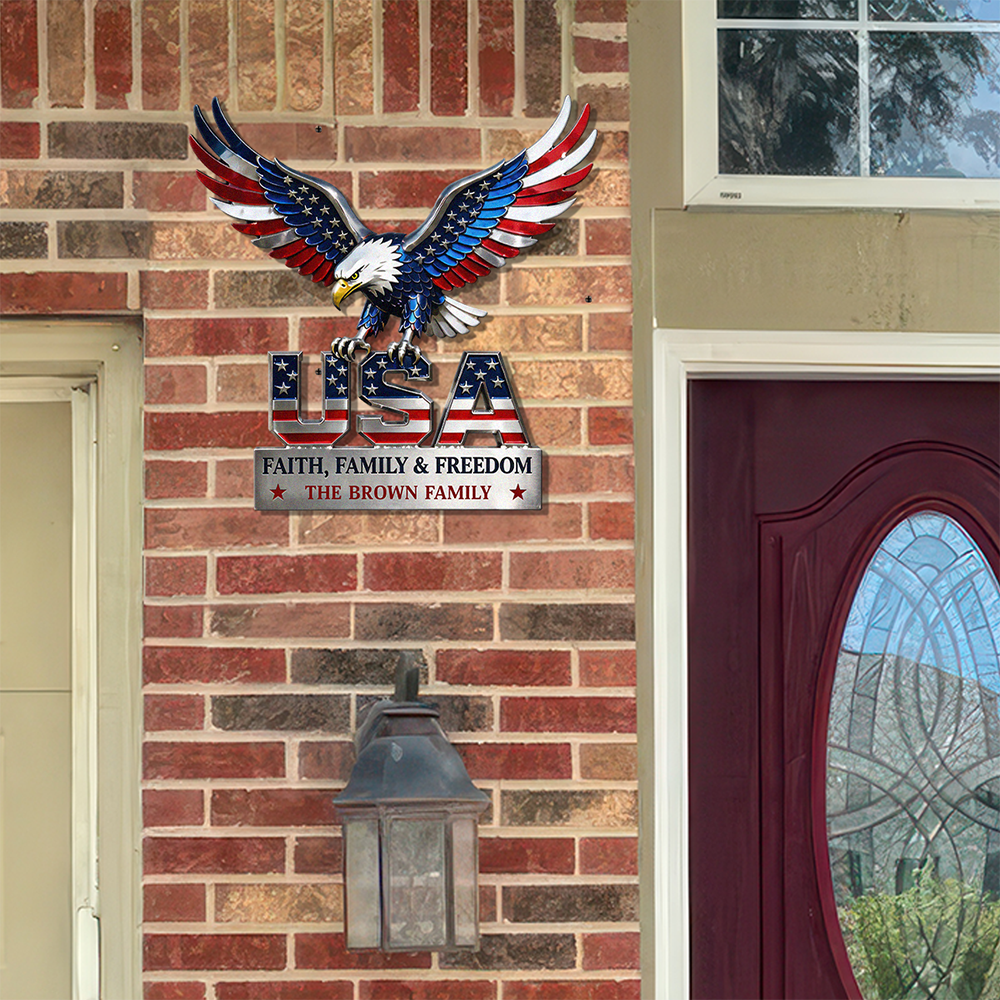 Custom Family Name Monogram Metal Sign, USA Eagle Patriotic Wall Decor, Personalized American Flag Sign CH07 911002
