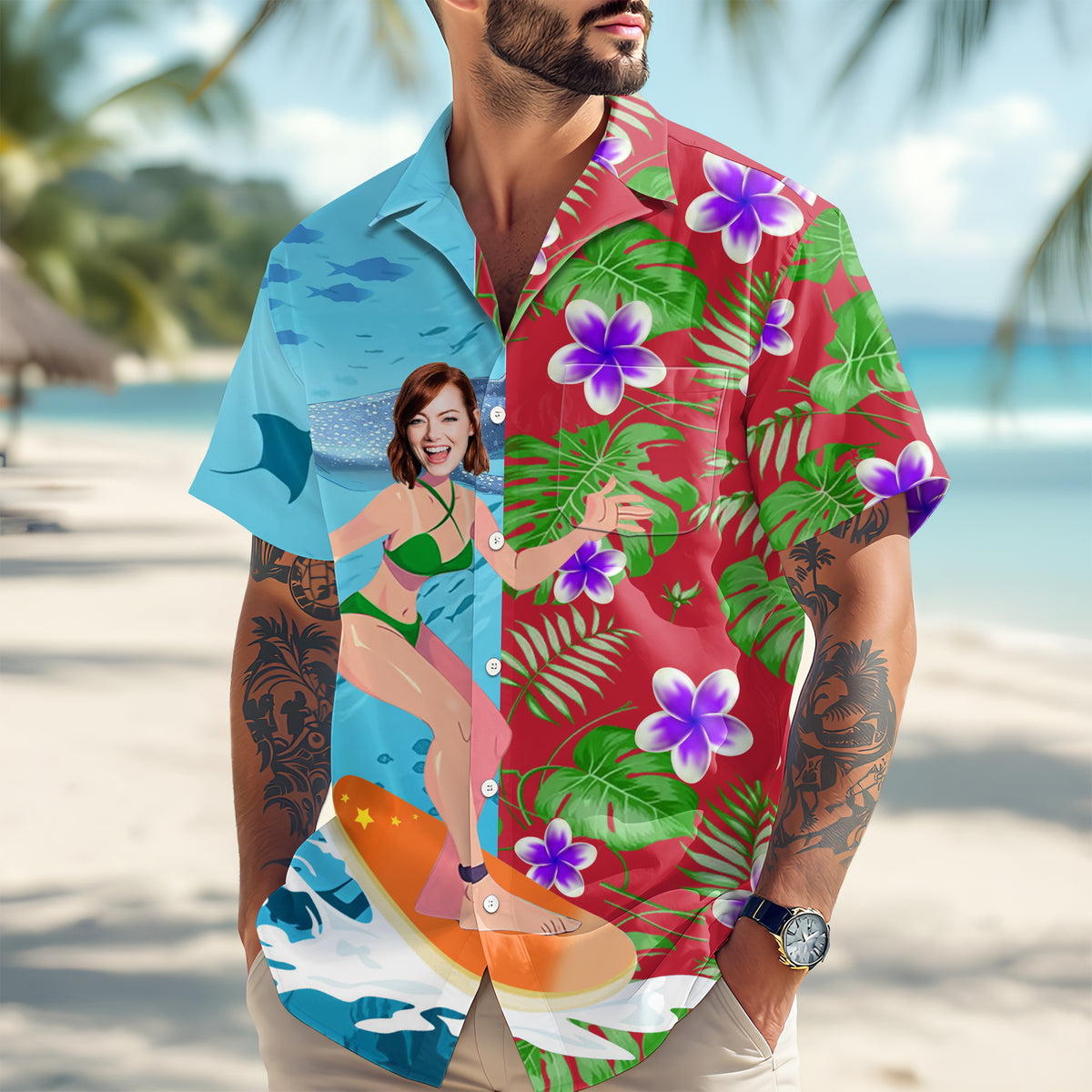 Custom Photo Girlfriend Surf Skateboard Tropical Floral Print Aloha Hawaii Shirt LM32 893485