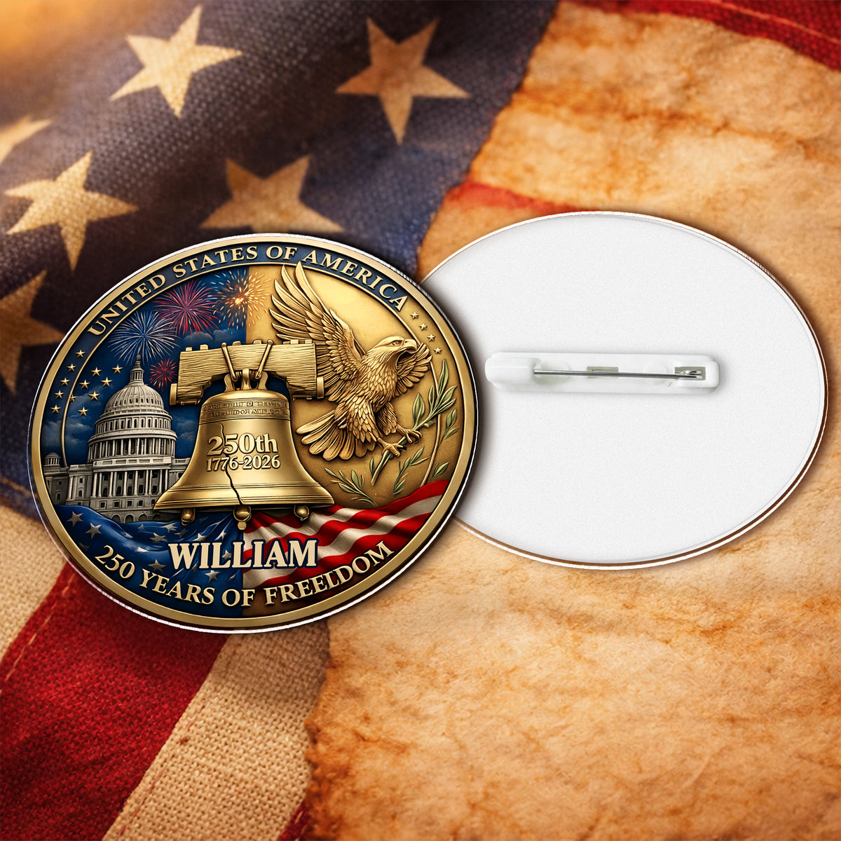 Custom Name USA 250 Years Of Freedom 1776-2026 Liberty Bell & Eagle Badge Acrylic Pin HO82 901822
