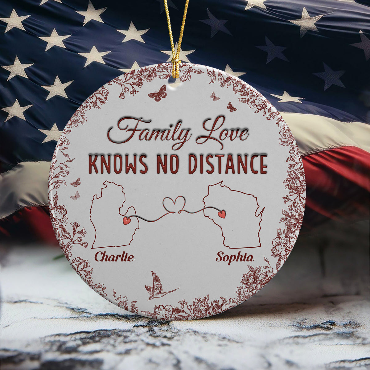 Family Love Knows No Distance Toile De Jouy Style Personalized 3D Inflated Effect Ceramic Ornament HO82 894746