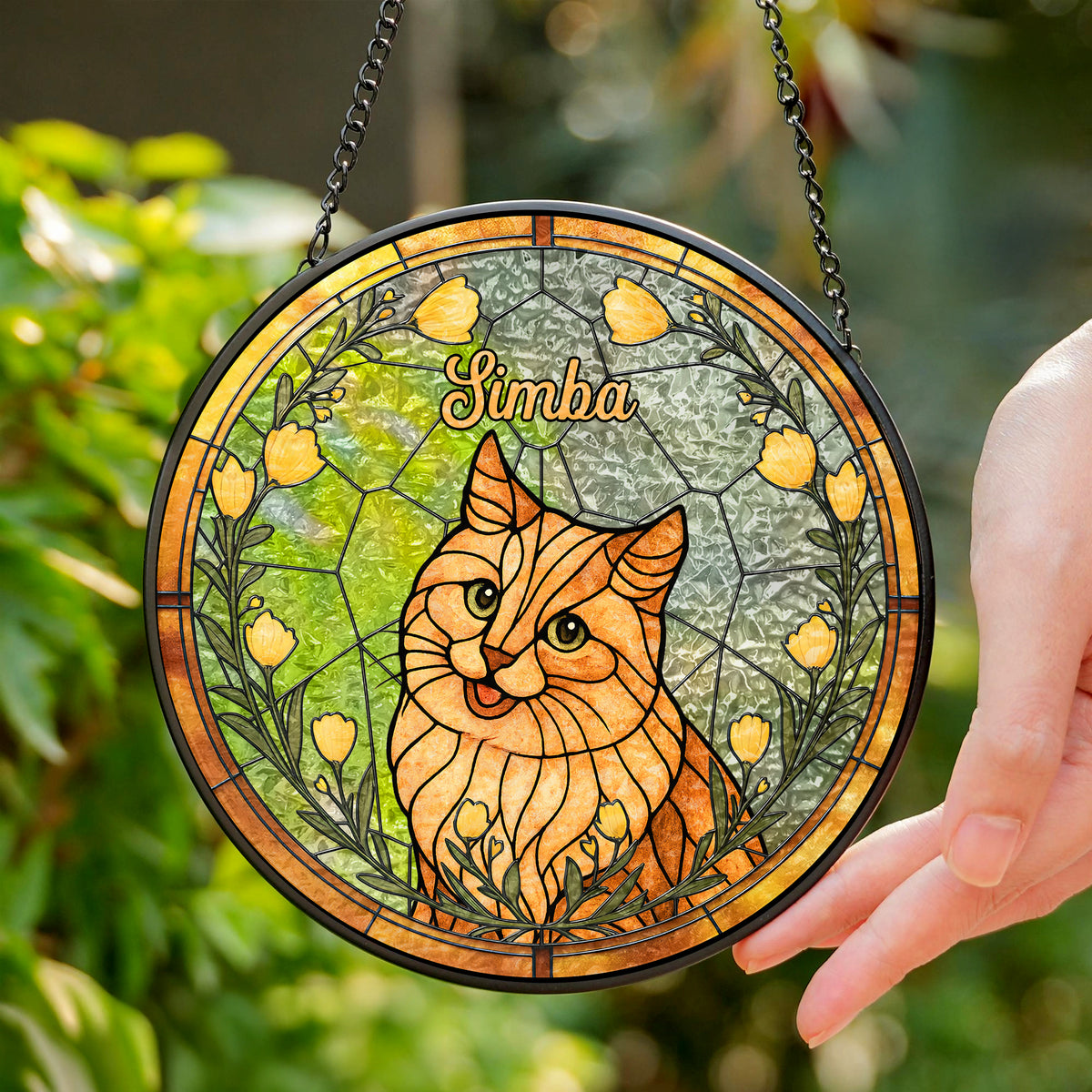 Custom Cat Photo With Flower Memorial Stained Glass Suncatcher, Pet Loss Gift HO82 894328