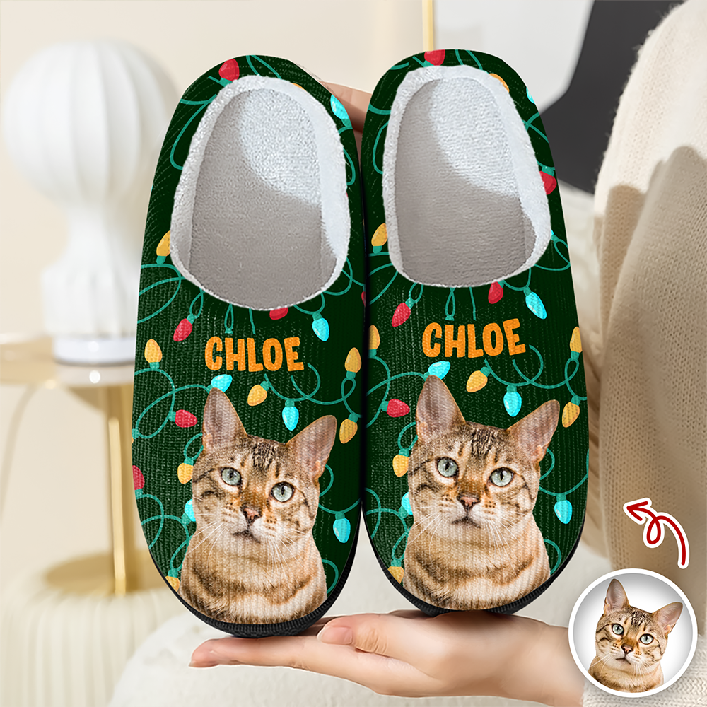Custom Photo Cat Christmas Lights Slippers Unique Funny Gift HA75 897694