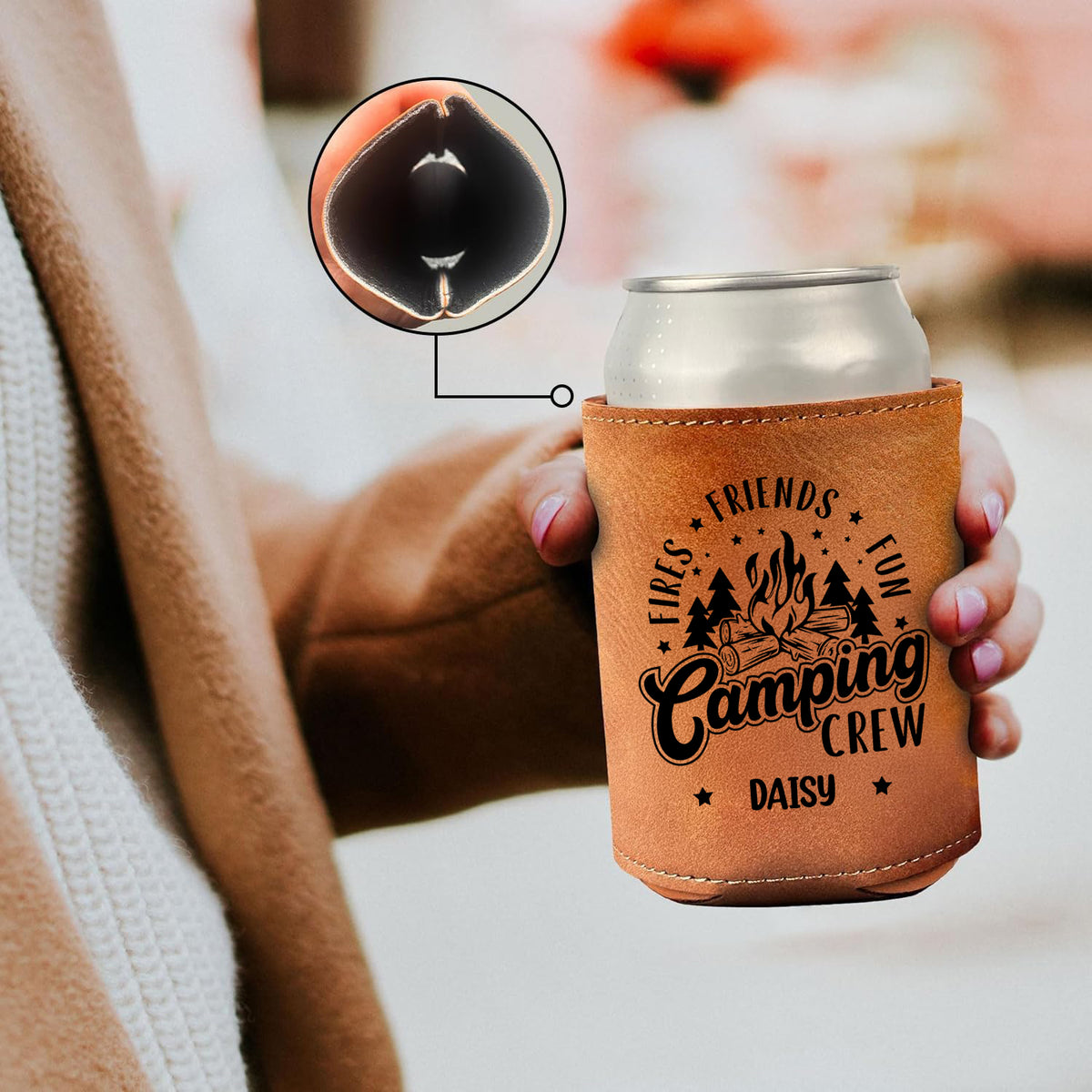 Personalized Fires - Friends - Fun - Camping Crews Leather Can Cooler Holder HA75 897038