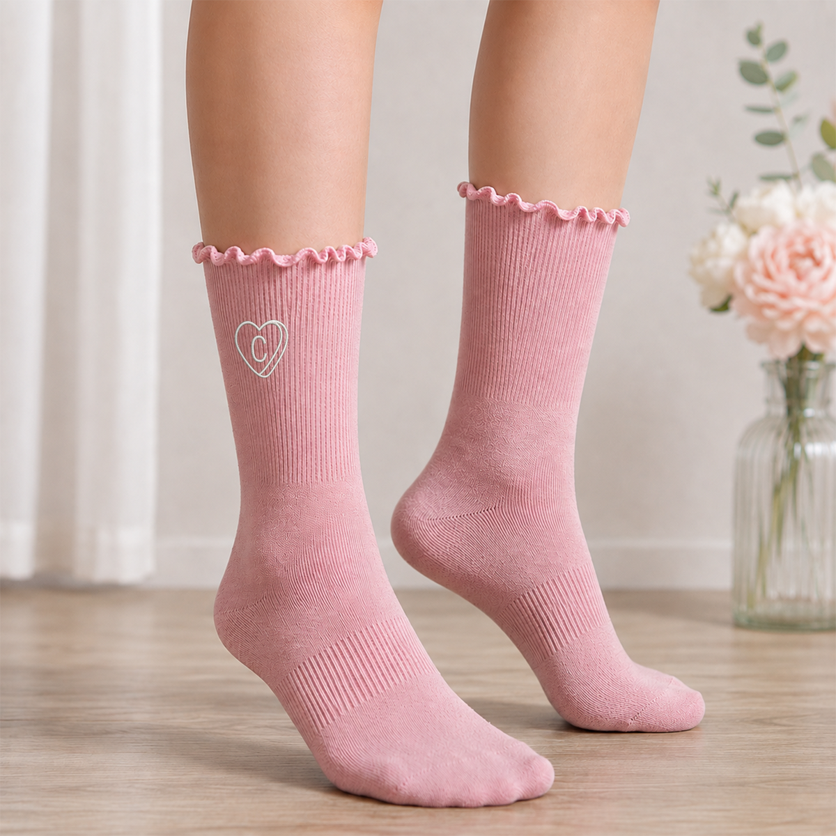 Custom Initial Embroidered Ruffle Socks, Bridesmaids Gift Matching Besties Sock CH07 180464