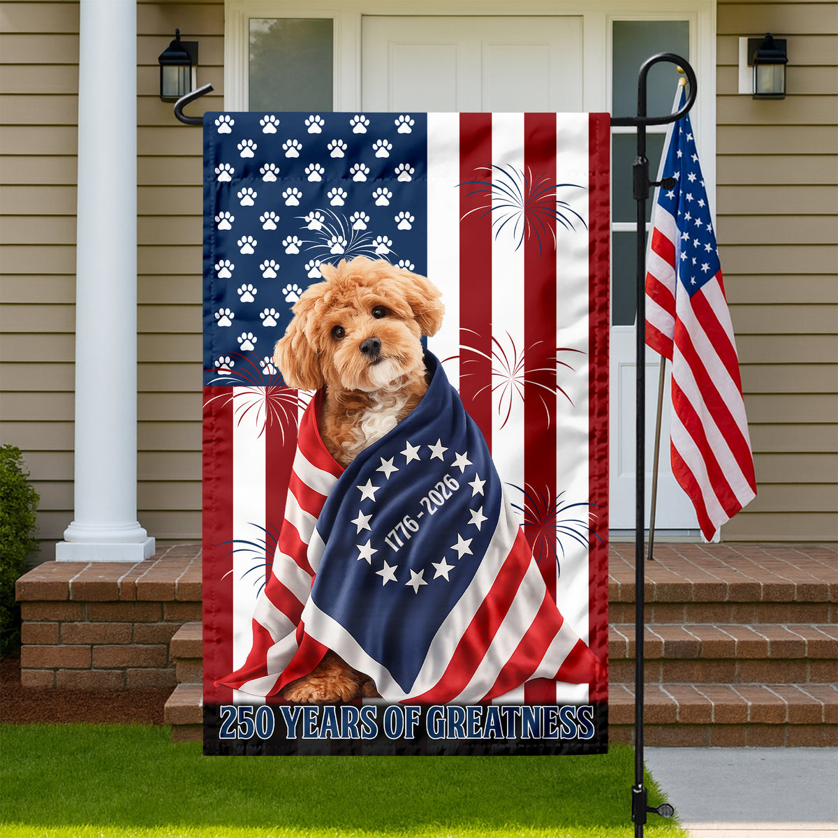 Custom Photo My Dog, Cat Loves America 250 Patriotic Garden Flag HA75 898908