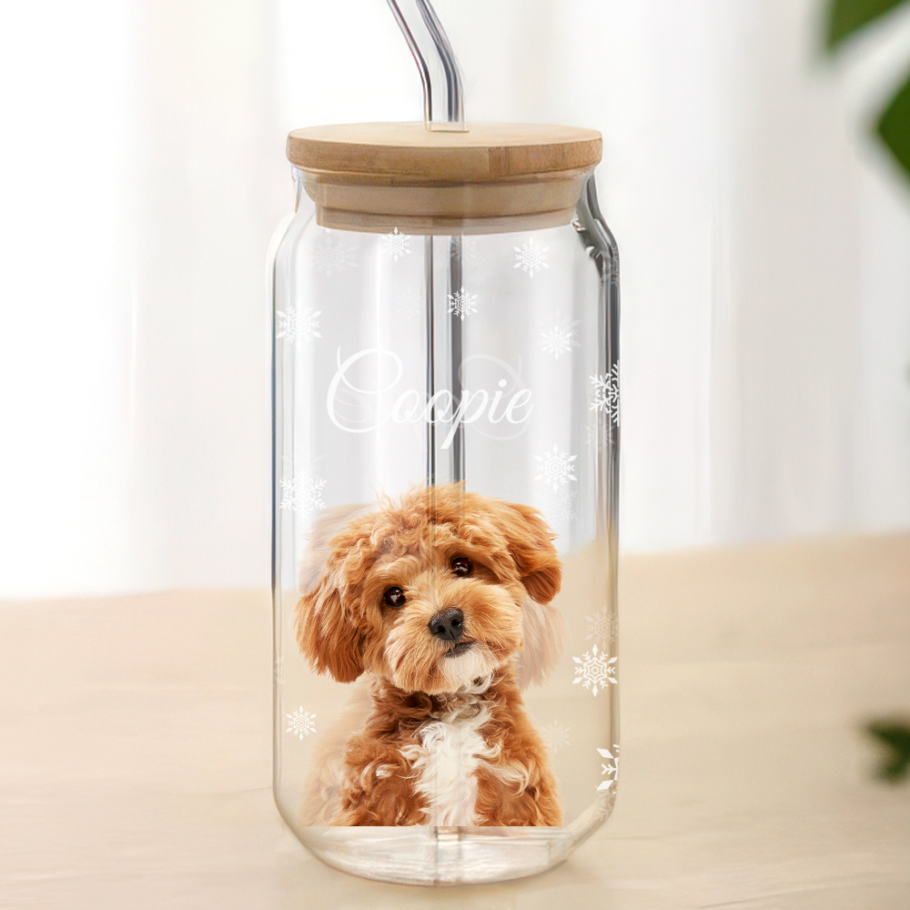 Custom Photo Dog With Snow Glass Can With Lid For Dog Lovers CH07 899106