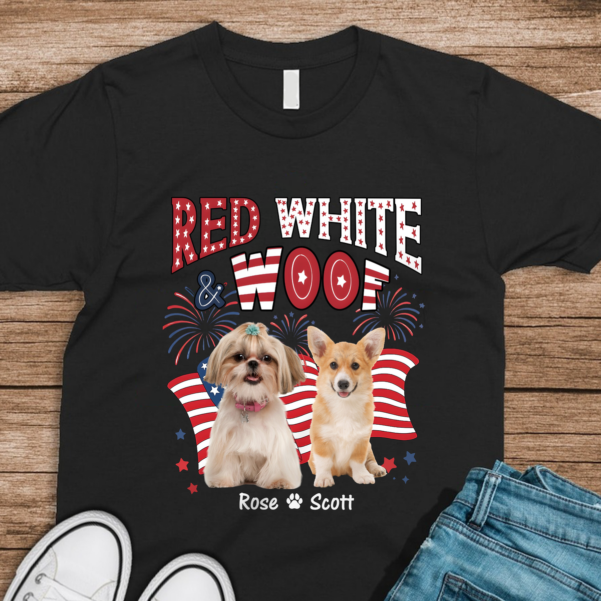 Custom Dog Photo Red White Woof Dark Shirt HA75 892642