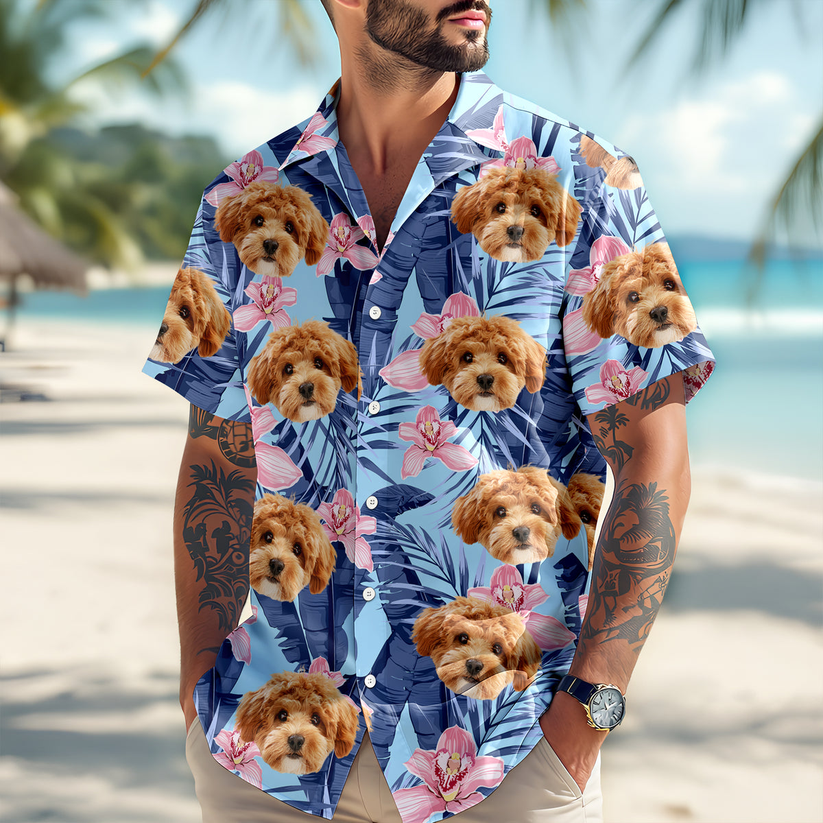 Custom Photo Funny Face Dog Cat Family Vacation Tropical Pattern Hawaii Shirt HA75 892308