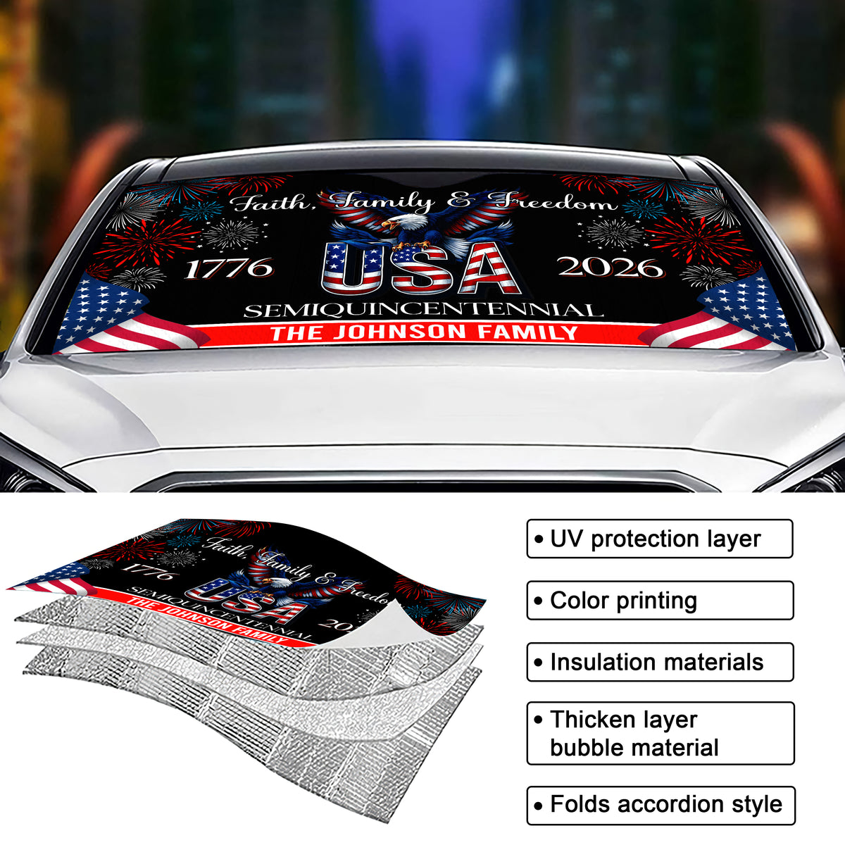 Custom Family Name Faith, Family & Freedom 250 Years of America Patriotic Car Sunshade LM32 897767