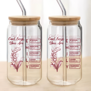 God Says I Am Name Letter In Bible Toile De Jouy Style - Personalized Glass Can With Lid CH07 896954