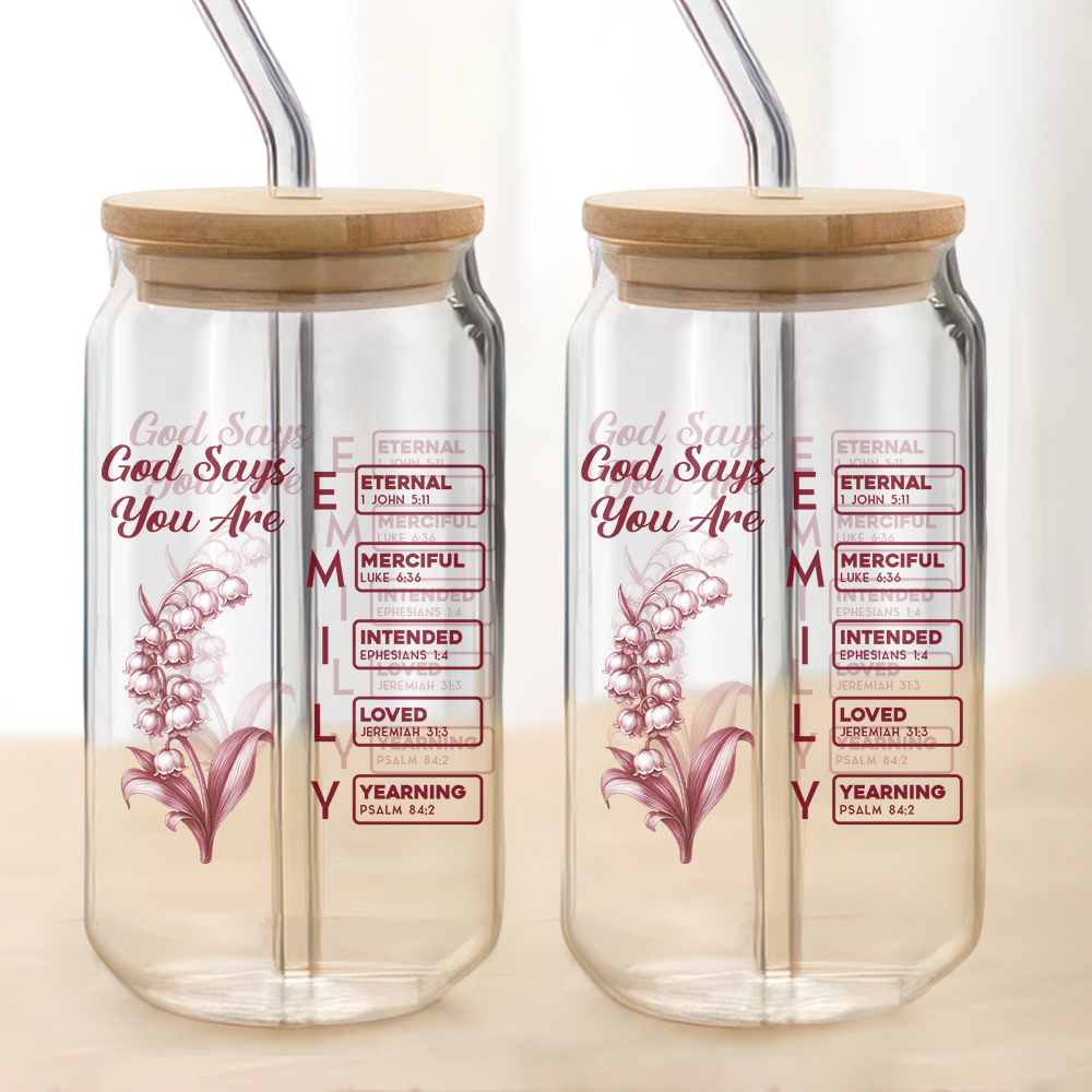 God Says I Am Name Letter In Bible Toile De Jouy Style - Personalized Glass Can With Lid CH07 896954