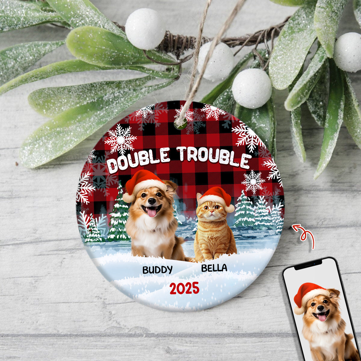 Custom Dog And Cat Photo Double Trouble Ceramic Ornament Gift For Dog Cat Lover HO82 894644