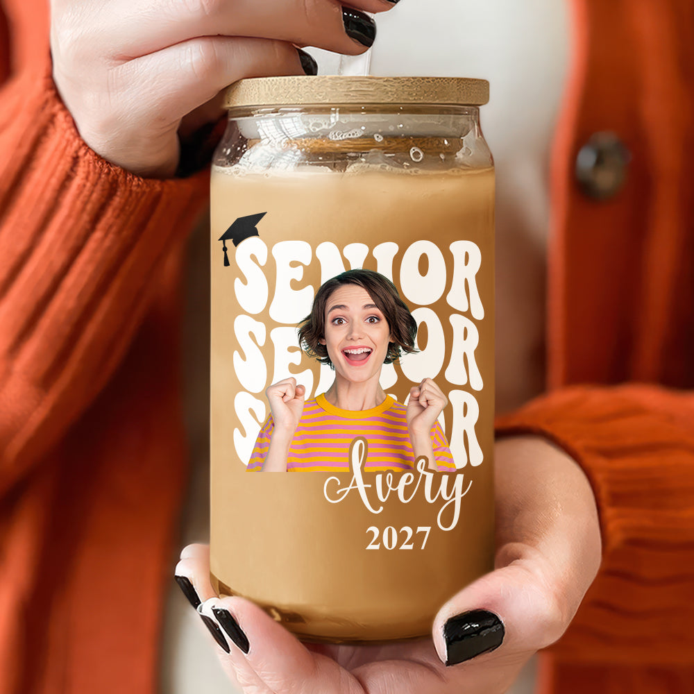 Custom Photo Senior 2027 Glass Can With Lid Back to School Gift for Senior HA75 921974