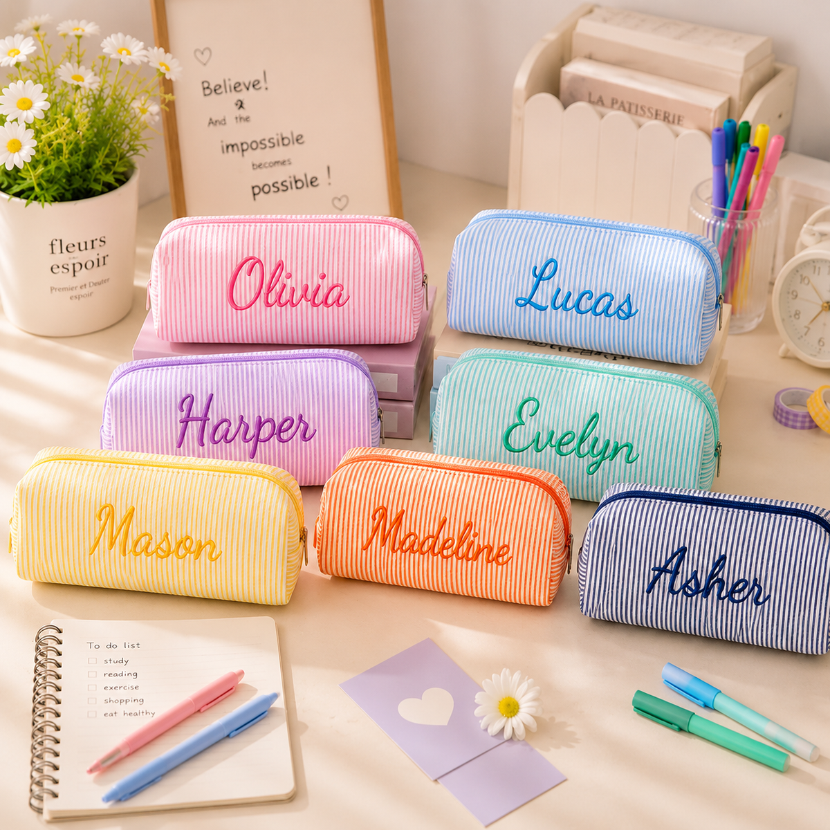 Custom Name Embroidered Seersucker Pencil Case, Back to School Gift, School Organizer LM32 669655