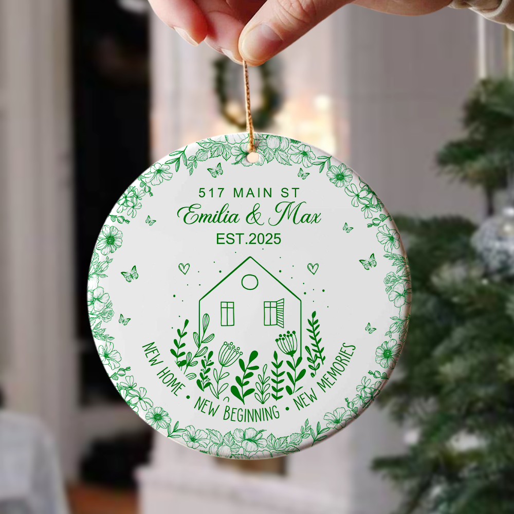 New House New Beginning New Memories Toile De Jouy Syle Personalized Ceramic Ornament HA75 897096