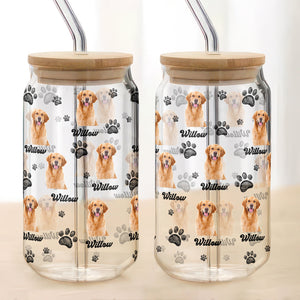 Custom Photo And Name With Dog Paw Glass Can With Lid Gift for Pet Lovers TH10 896783