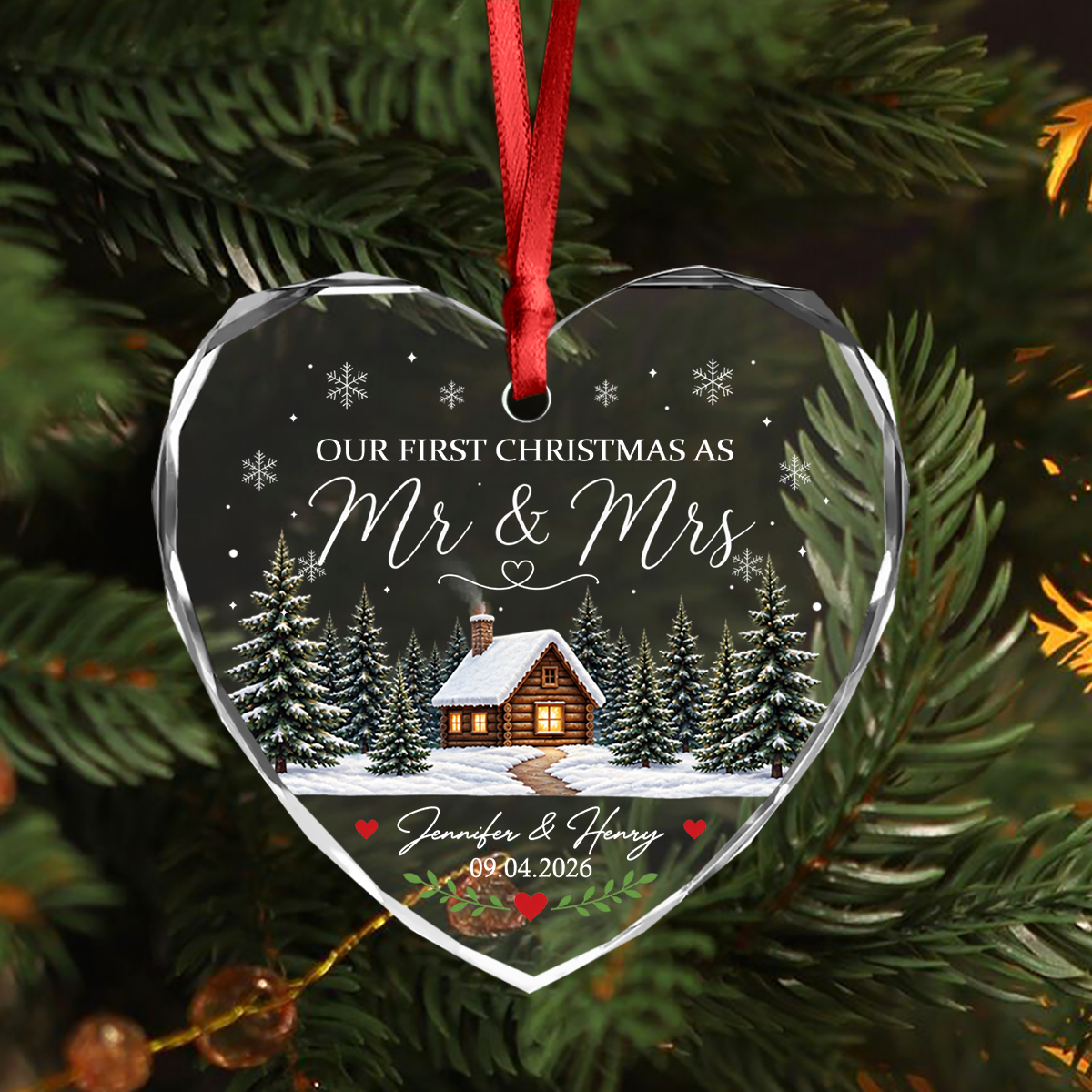 Custom Name Winter Cabin Our First Christmas As Mr & Mrs Married Glass Ornament, Newlywed Gift LM32 669965