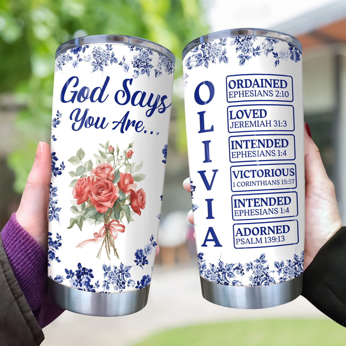 Personalized Name Letter God Says I Am Flower Toile De Jouy Style Fat Tumbler LM32 895361