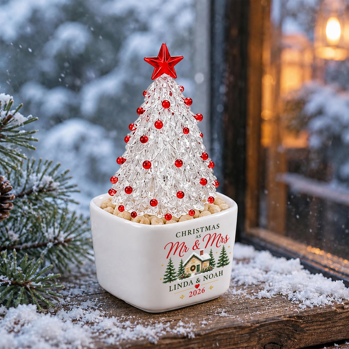 Personalized Name Couple Mini Ceramic Pot with Glass Christmas Tree HO82 903520