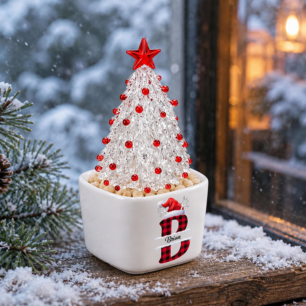 Custom Name Initial Letter Christmas Monogrammed Mini Ceramic Pot with Glass Christmas Tree HO82 903560