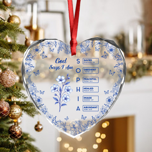 God Says I Am Name Letter In Bible Toile De Jouy Style - Personalized Heart Glass Ornament CH07 896964