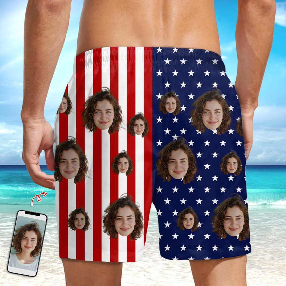Personalized Face Swim Trunks – Custom Photo American Flag Beach Shorts for Men Beach Short LM32 899879