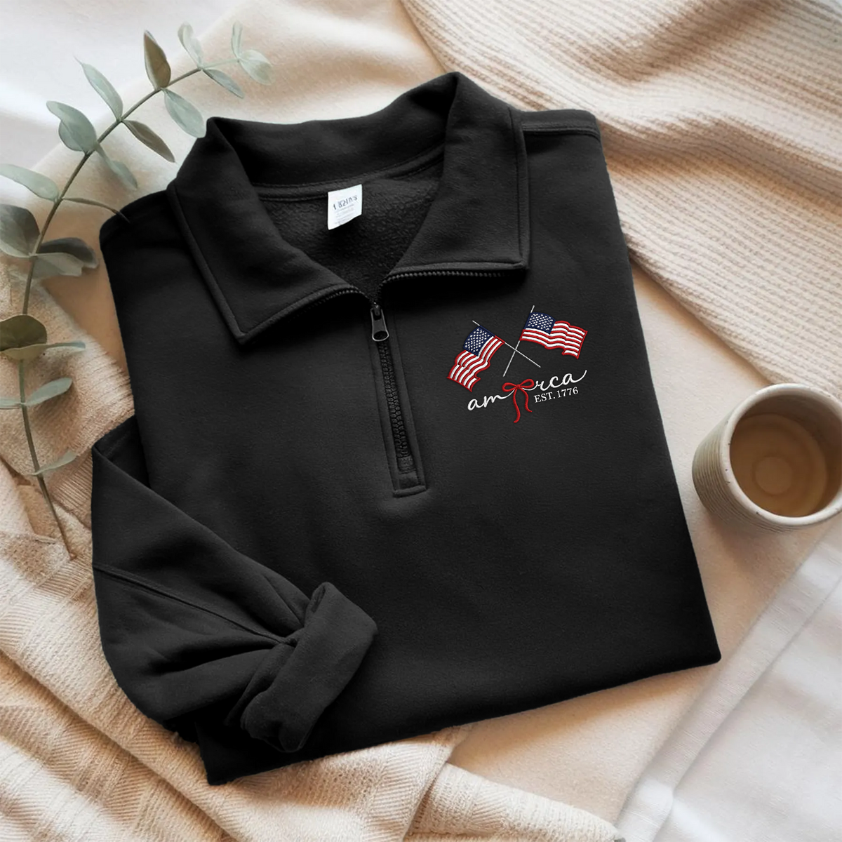 America EST. 1776 American Flag Patriotic Embroidered Quarter Zip Sweatshirt LM32 899587