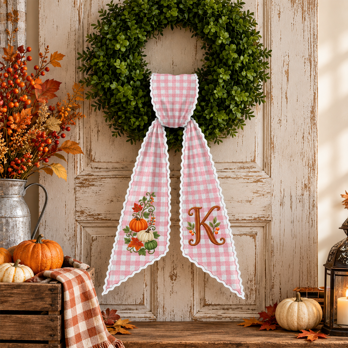 Personalized Autumn Pumpkin Monogram Embroidered Wreath Sash TH10 171043
