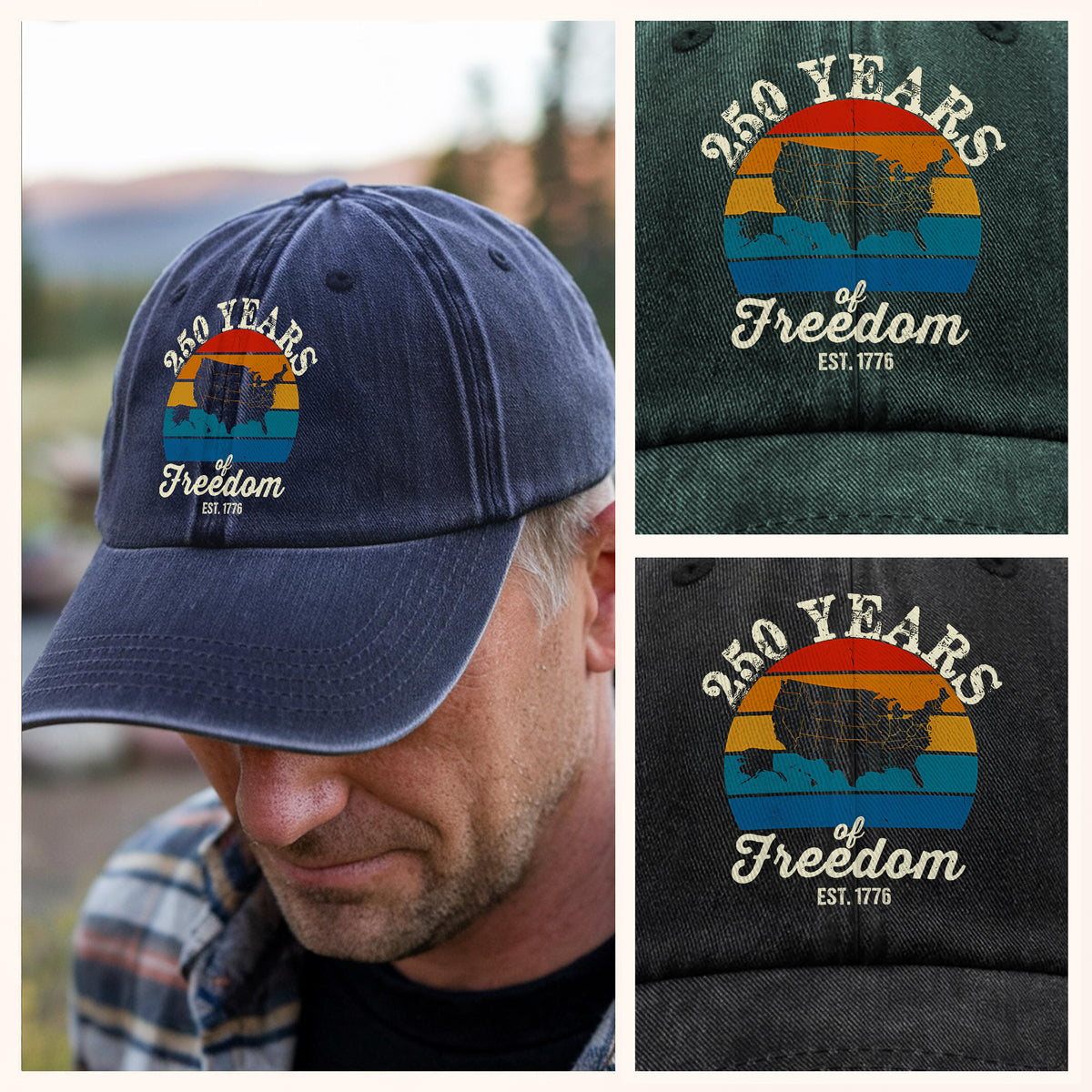 Custom Dog Photo 250 Years of Freedom EST. 1776 Washed Denim Baseball Cap LM32 895329