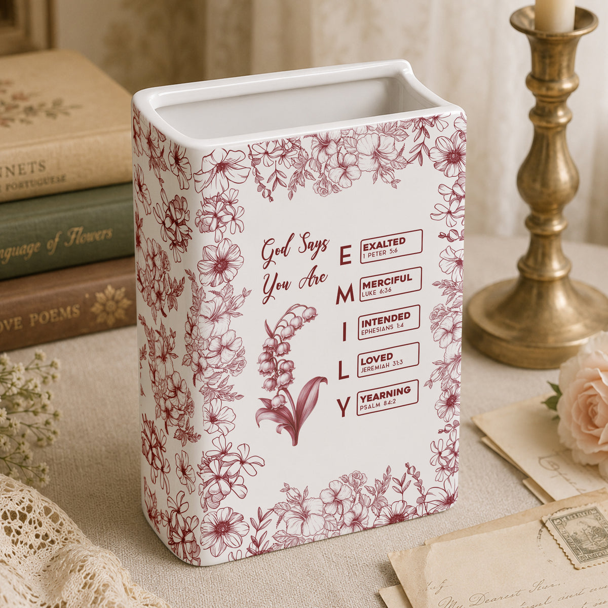 God Says I Am Name Letter In Bible Toile De Jouy Style - Personalized Book Vase TH10 170659
