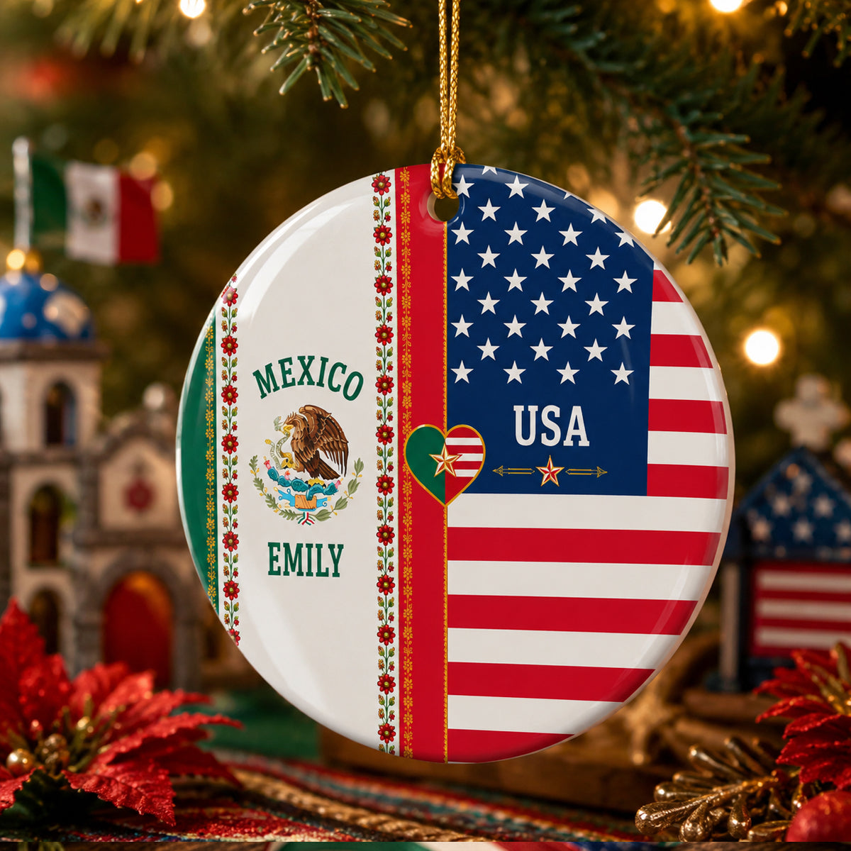 Custom Name Mexican American Flag Ceramic Ornament, Patriotic Gift for Mestizo CH07 180392
