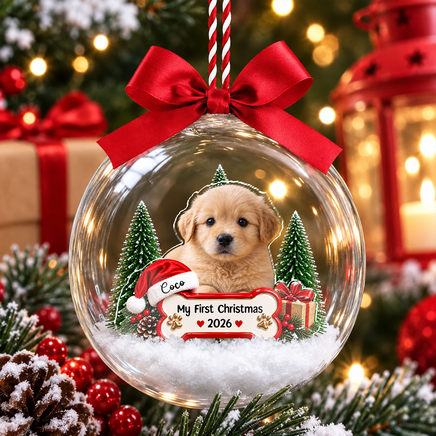 Custom Dog Photo First Christmas 3D Acrylic Ball Ornament CH07 180512
