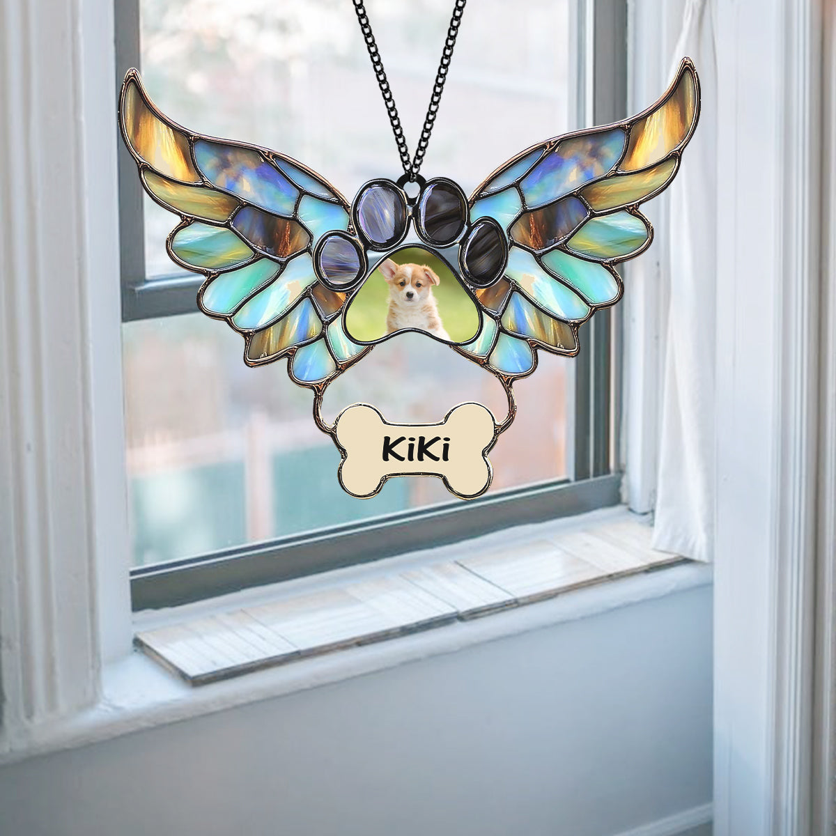 Custom Photo Pet Memorial With Angel Wings and Paw Print Suncatcher TH10 898115