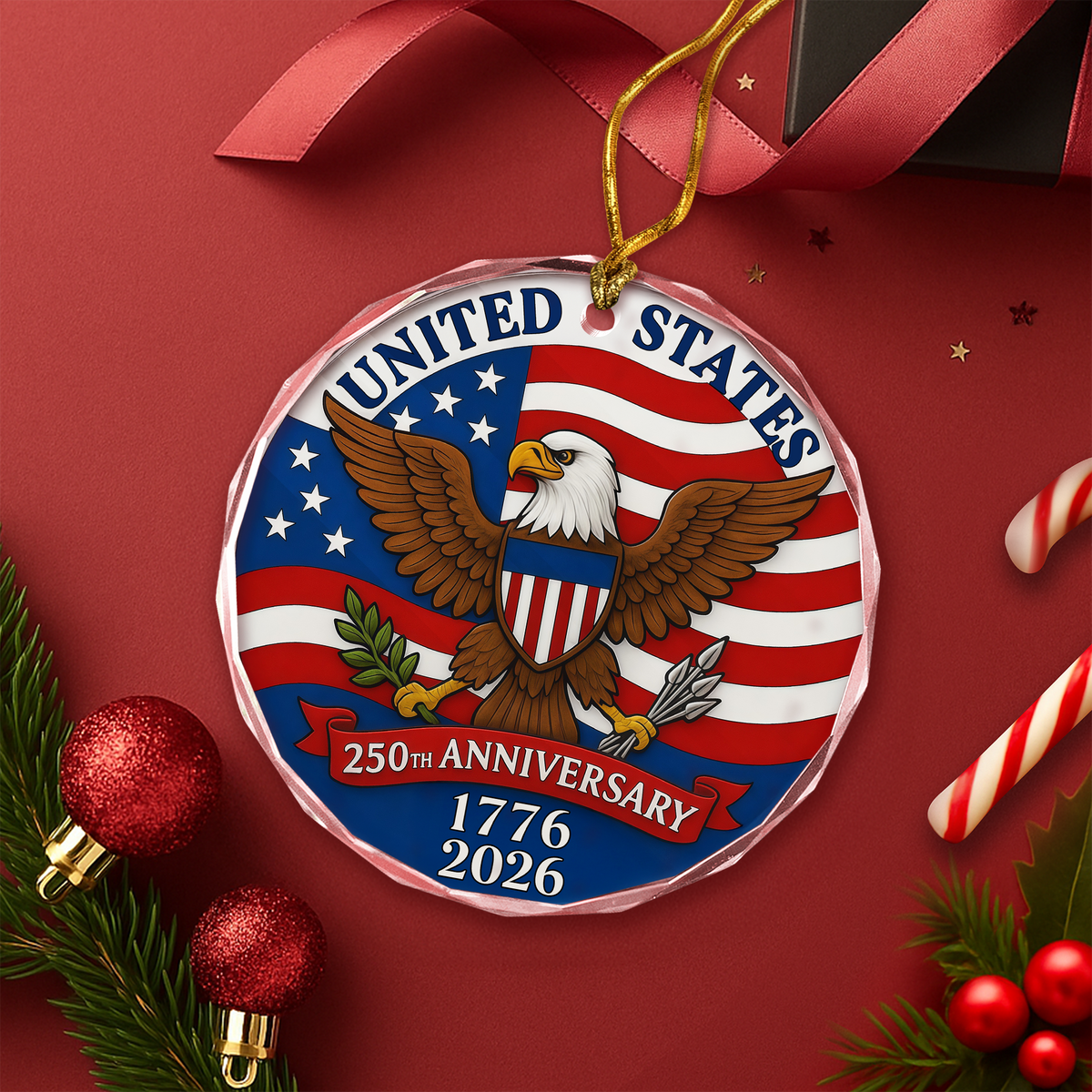 1776 -2026 American 250th Anniversary Eagle Glass Ornament CH07 899232