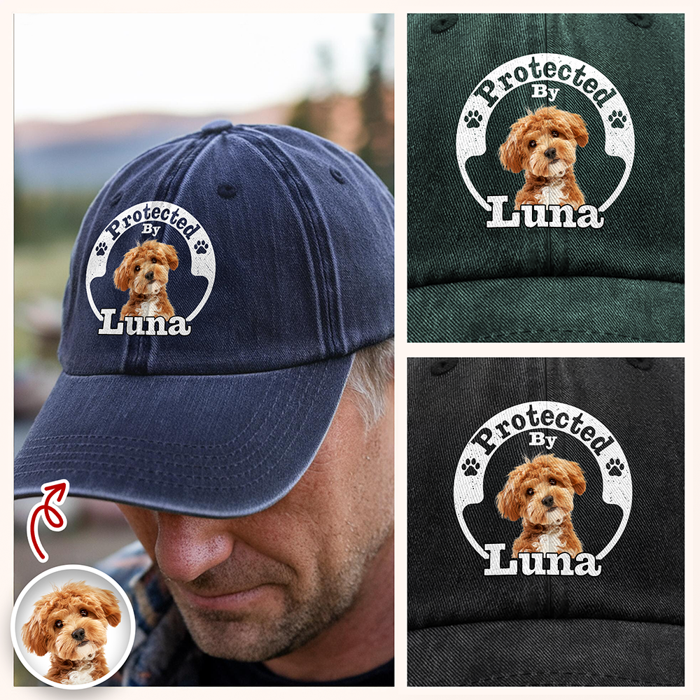 Protected By Human Dog Photo Ver 2 - Personalized Washed Denim Baseball Cap LM32 893953