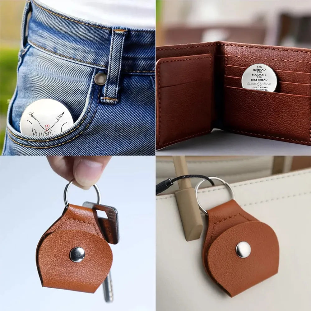 Personalized Photo Pocket Hug Keychain for Husband, Soulmate Gift, Custom Metal Keepsake with Leather Holder 100114