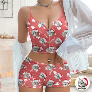 Custom Dog Cat Photo Colorful Background Christmas Appliques Notched Neckline Lingerie Set LM32 893903