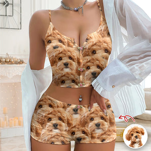 Custom Cute Dog Cat Face Appliques Notched Neckline Lingerie Set LM32 893961