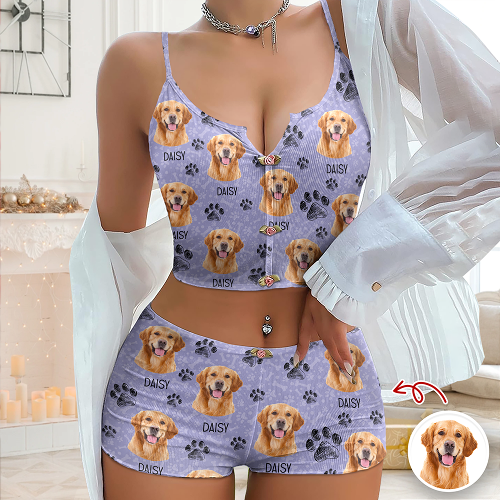 Custom Portrait Photo Dog Cat Christmas Appliques Notched Neckline Lingerie Set LM32 893905