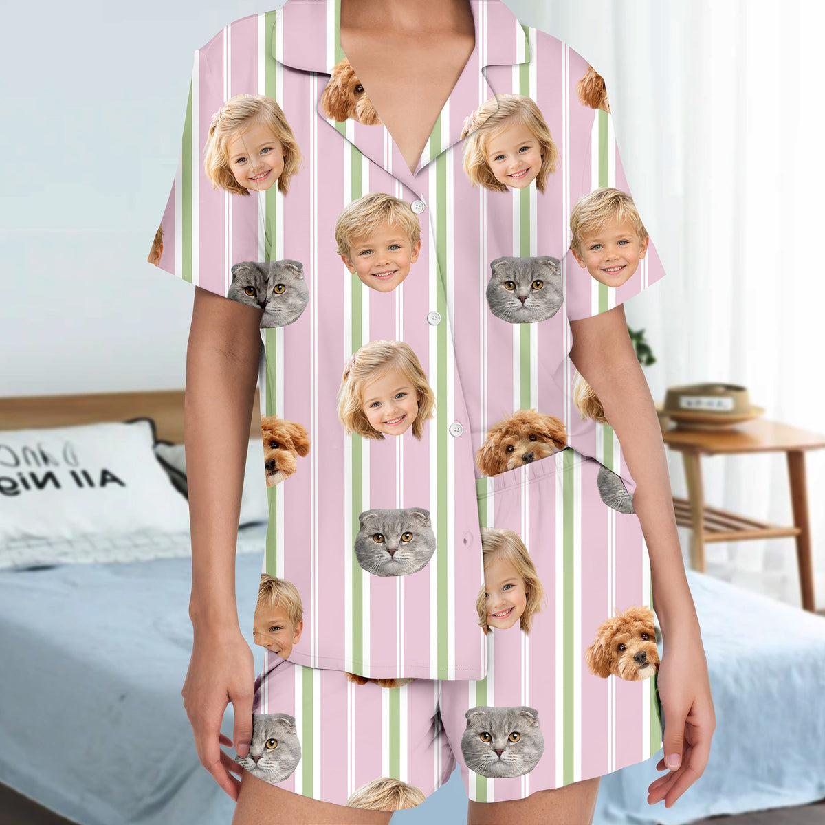 Custom Funny Face Striped Short Pajamas, Personalized Matching Family Sleepwear LM32 669823