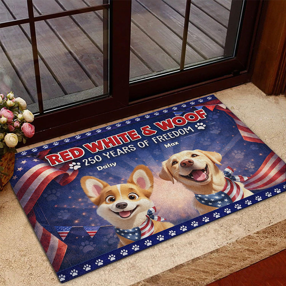 Personalized Cute Dog Red White Woof 250 Years Of Freedom Doormat TH10 169055