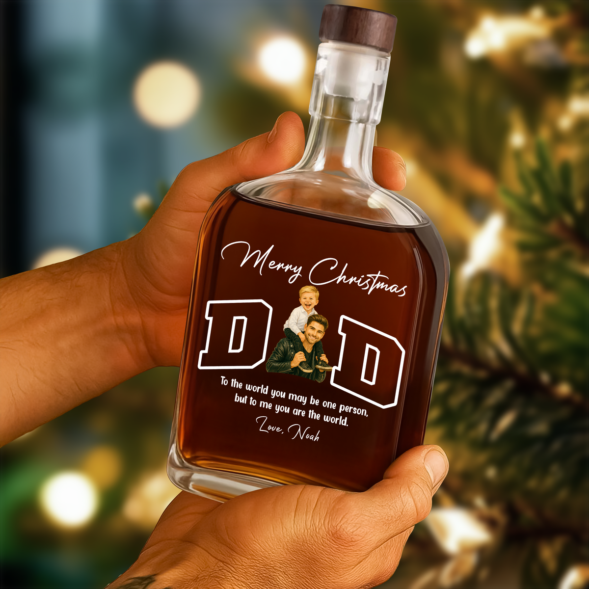 Custom Portrait Photo Merry Christmas Dad Kid Play Together Whiskey Bottle LM32 893867
