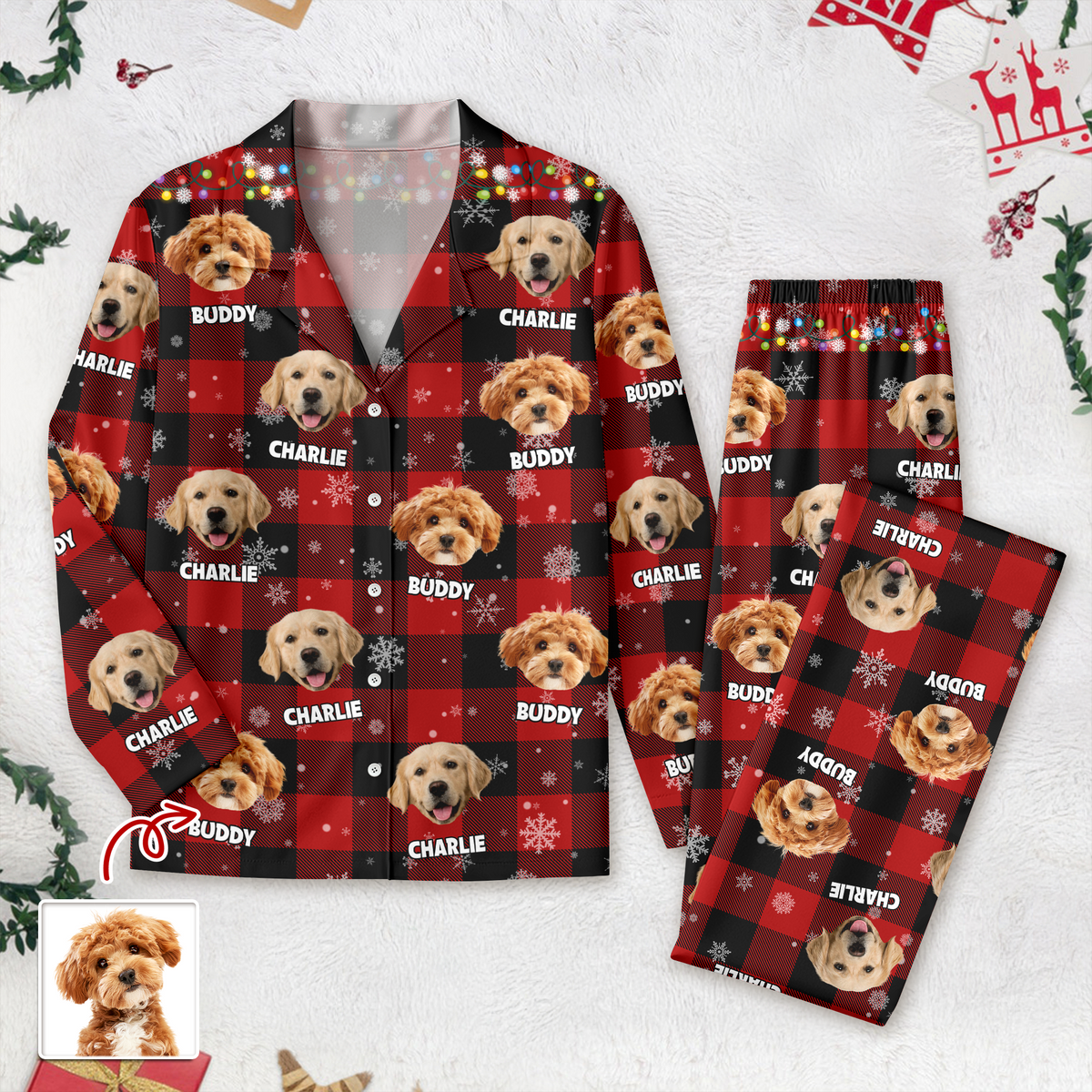 Custom Dog Photo Name Christmas Light Snow Pajamas CH07 899594