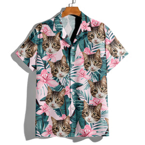 Custom Photo Funny Face Cat Family Vacation Tropical Pattern Hawaii Shirt HA75 892310