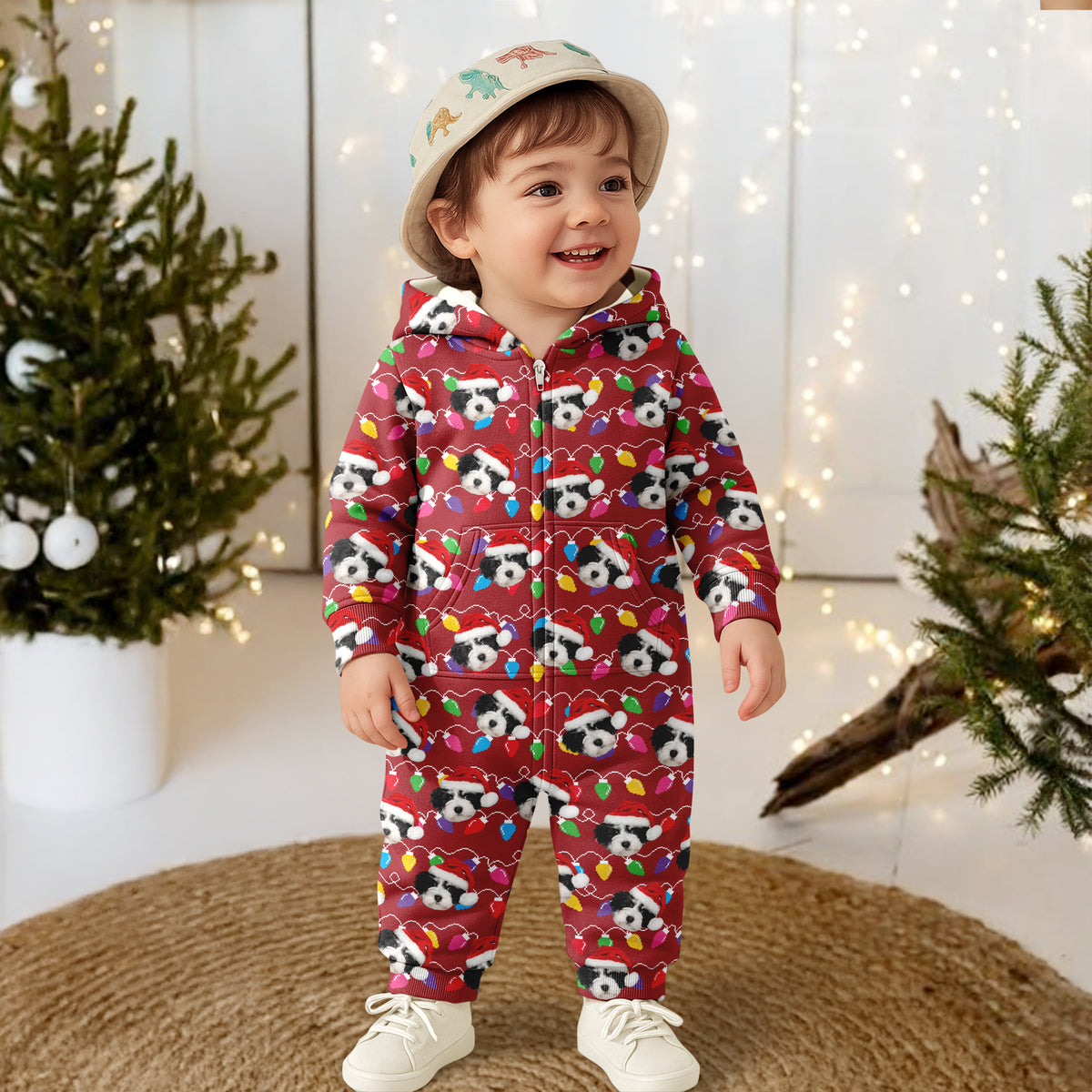 Custom Dog Face Photo With Colorful Christmas Lights Onesie Pajamas HO82 900200