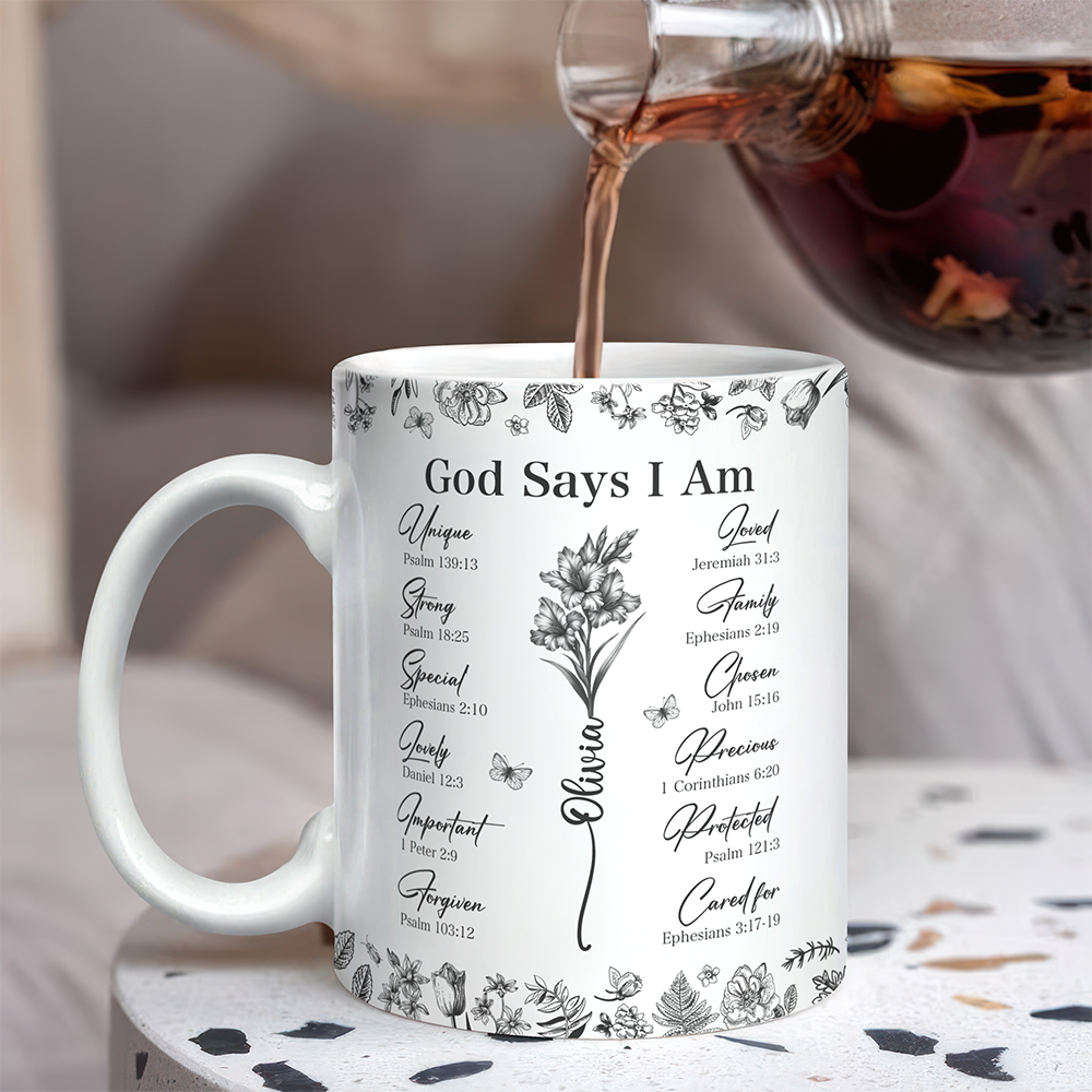 God Says You Are Christian Gift Toile De Jouy Birth Flower - Personalized Mug TH10 894797